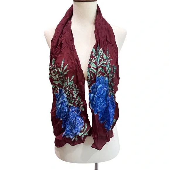 Elegant Floral Scarf in Burgundy and Blue Hydrangea Floral Silk - Picture 1 of 9